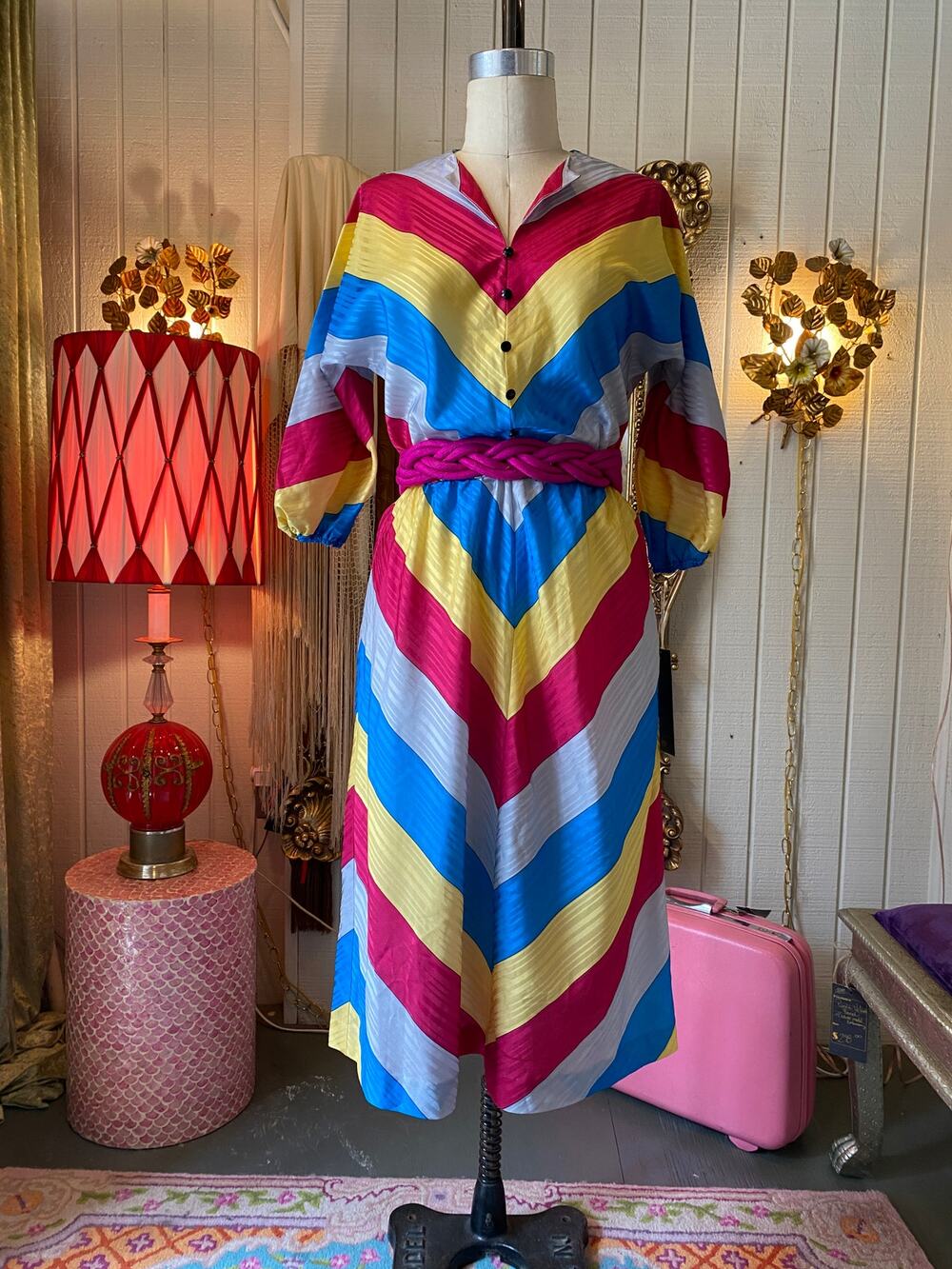 1980s rainbow chevron blouson dress, puff sleeves, 80s fashion, striped satin, m